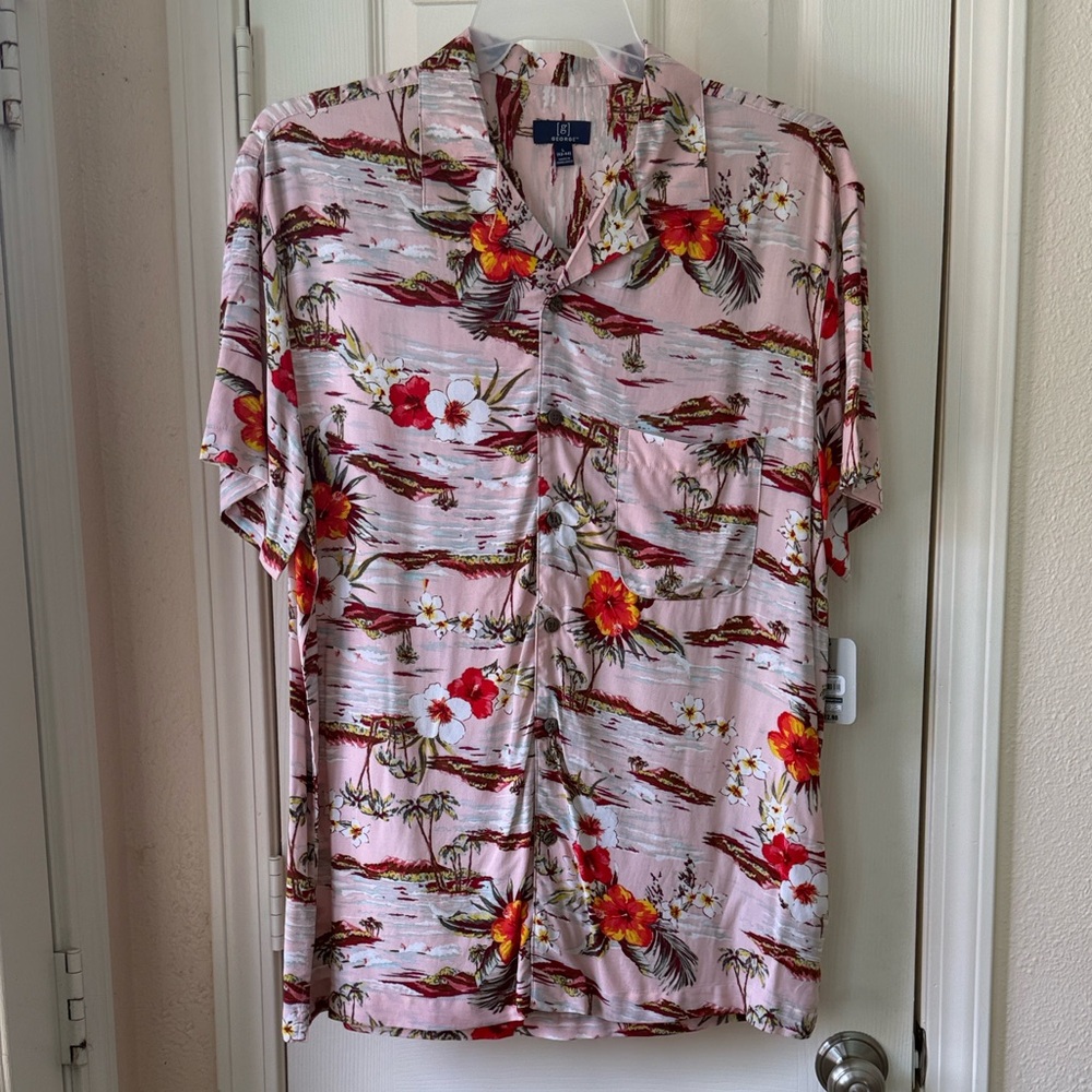 George Men's Pink Hawaiian Floral Button-Down Shirt